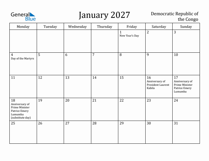 January 2027 Calendar Democratic Republic of the Congo
