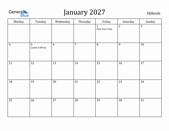 January 2027 Calendar Djibouti