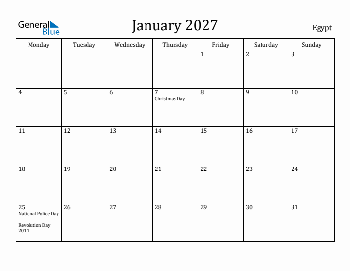 January 2027 Calendar Egypt
