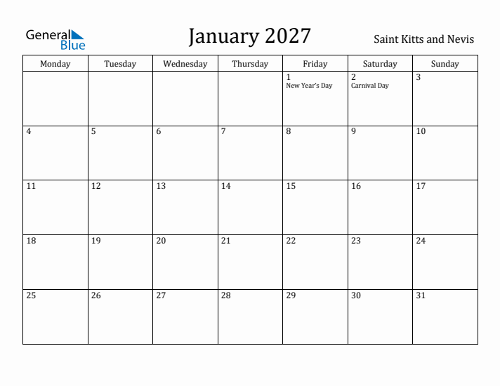 January 2027 Calendar Saint Kitts and Nevis