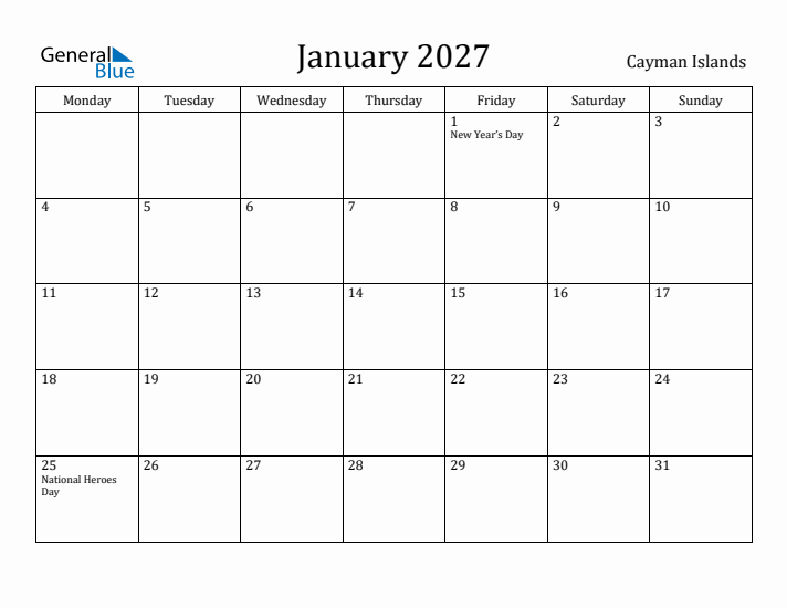January 2027 Calendar Cayman Islands