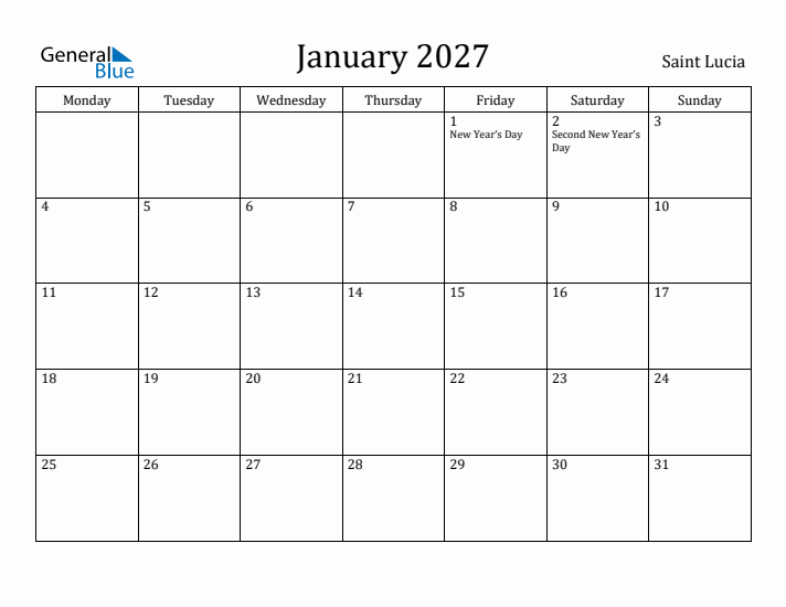 January 2027 Calendar Saint Lucia