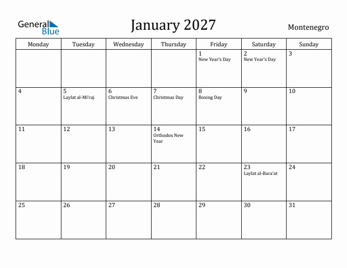 January 2027 Calendar Montenegro
