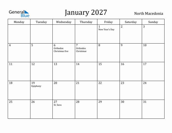 January 2027 Calendar North Macedonia