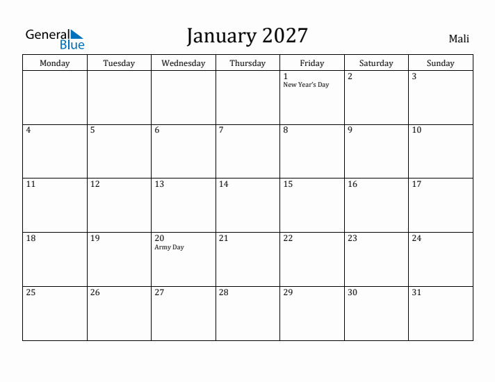January 2027 Calendar Mali