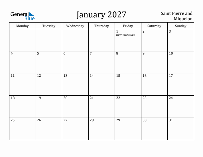 January 2027 Calendar Saint Pierre and Miquelon