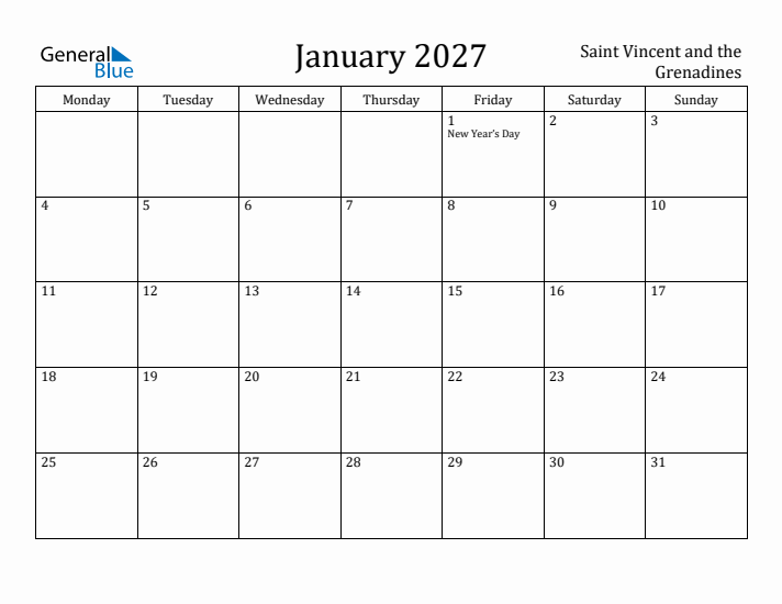 January 2027 Calendar Saint Vincent and the Grenadines