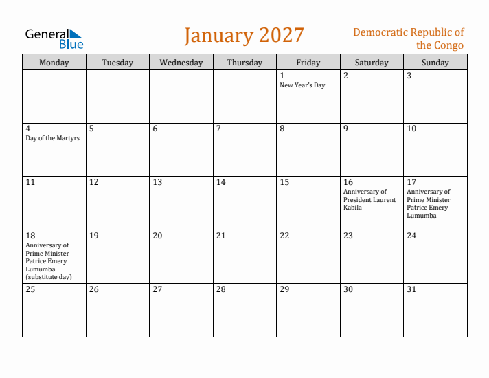 January 2027 Holiday Calendar with Monday Start