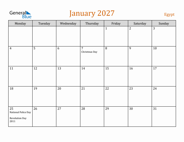 January 2027 Holiday Calendar with Monday Start