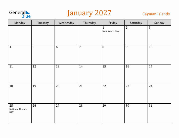 January 2027 Holiday Calendar with Monday Start