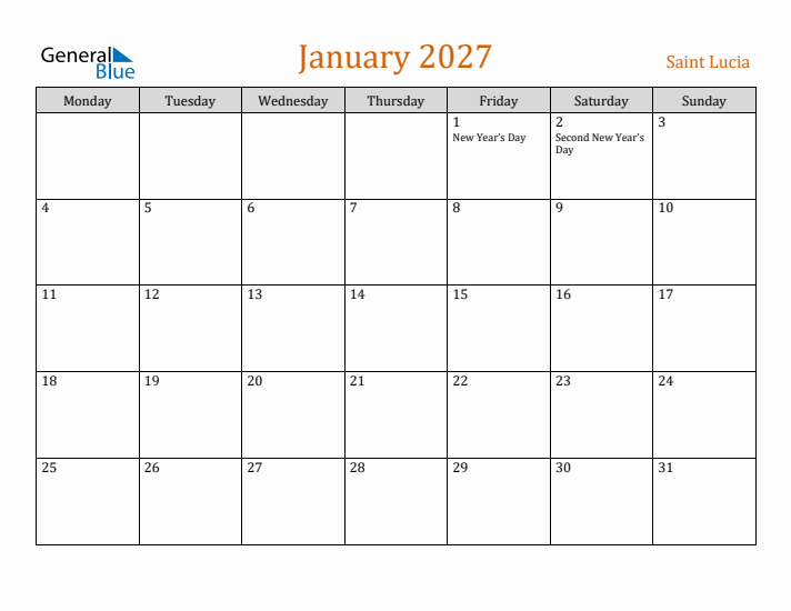 January 2027 Holiday Calendar with Monday Start