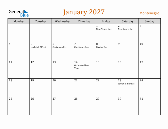 January 2027 Holiday Calendar with Monday Start