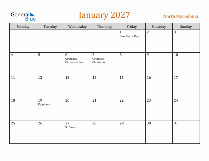 January 2027 Holiday Calendar with Monday Start
