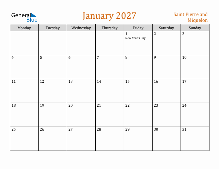 January 2027 Holiday Calendar with Monday Start