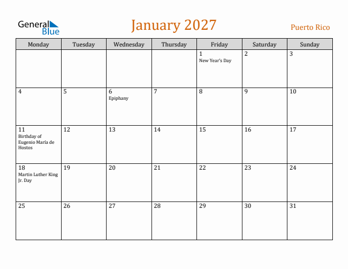 January 2027 Holiday Calendar with Monday Start