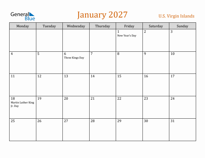 January 2027 Holiday Calendar with Monday Start