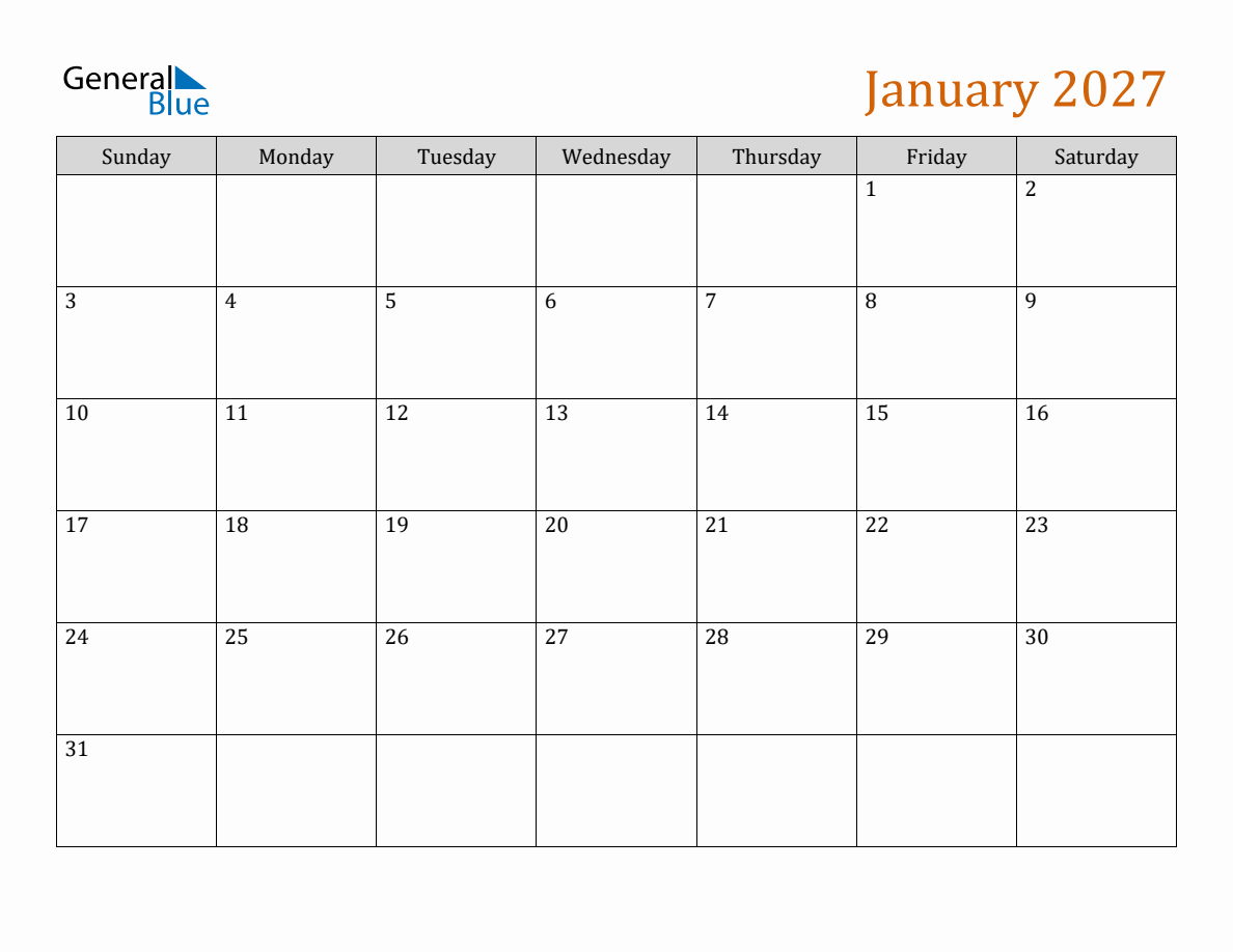 January 2027 Generic Monthly Calendar