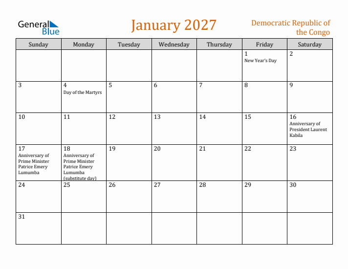 January 2027 Holiday Calendar with Sunday Start