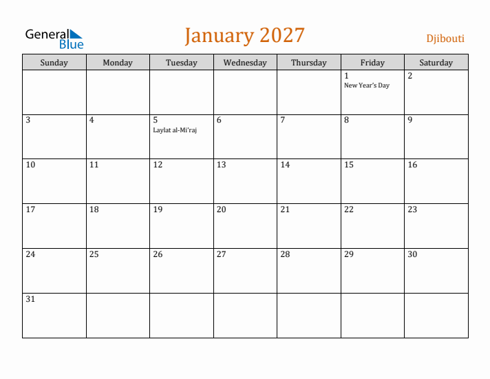 January 2027 Holiday Calendar with Sunday Start