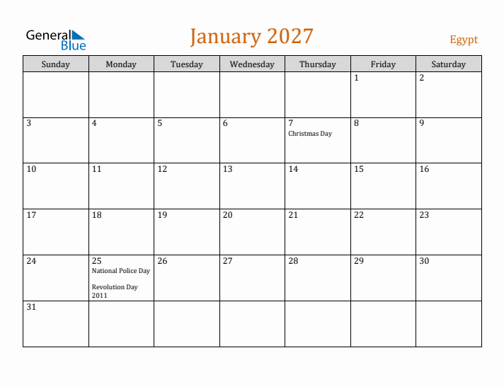 January 2027 Holiday Calendar with Sunday Start