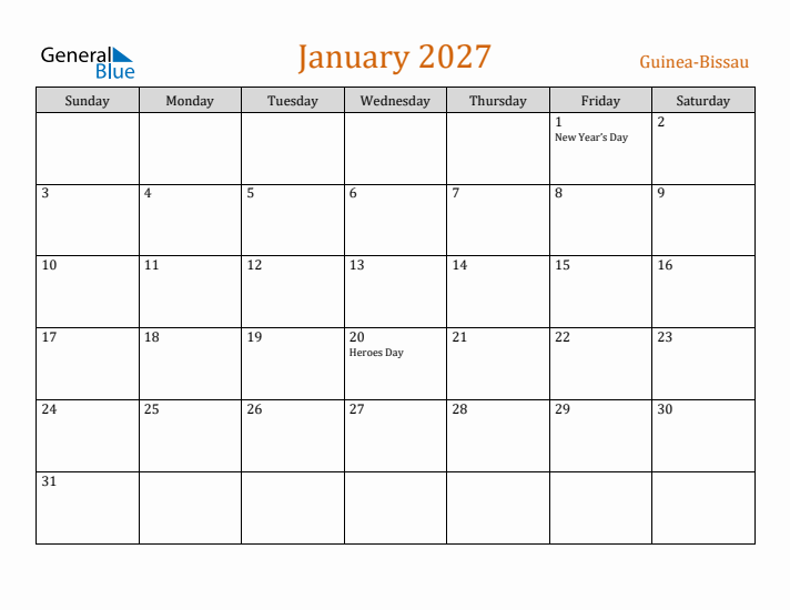 January 2027 Holiday Calendar with Sunday Start