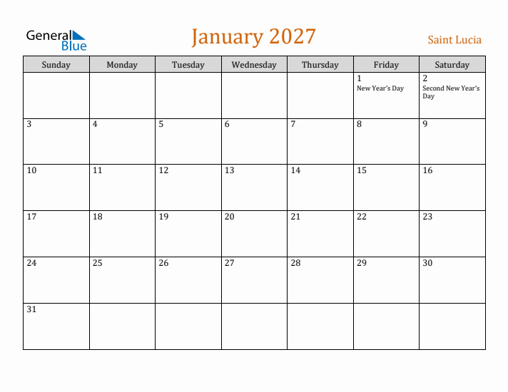 January 2027 Holiday Calendar with Sunday Start