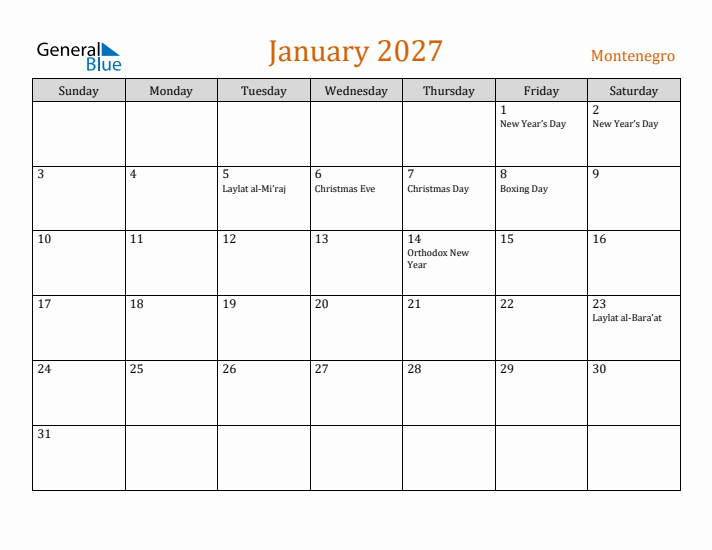 January 2027 Holiday Calendar with Sunday Start