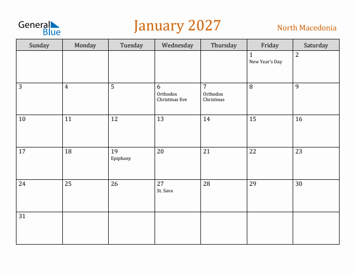 January 2027 Holiday Calendar with Sunday Start