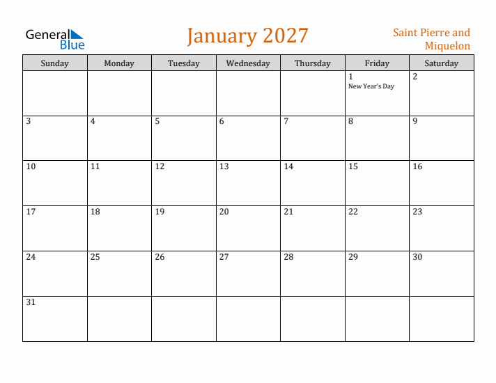 January 2027 Holiday Calendar with Sunday Start