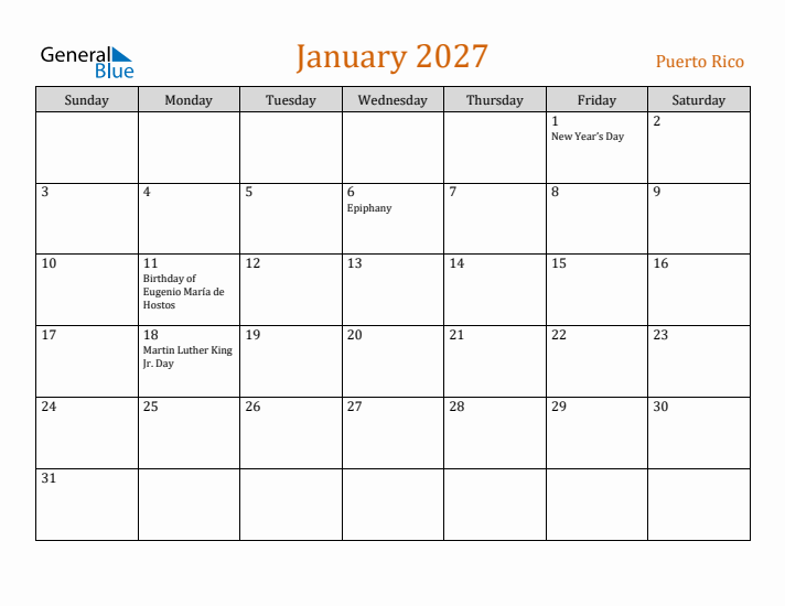 January 2027 Holiday Calendar with Sunday Start