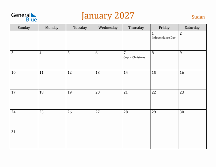 January 2027 Holiday Calendar with Sunday Start