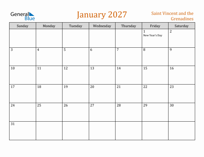 January 2027 Holiday Calendar with Sunday Start