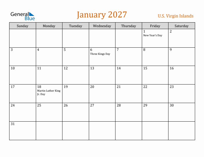 January 2027 Holiday Calendar with Sunday Start