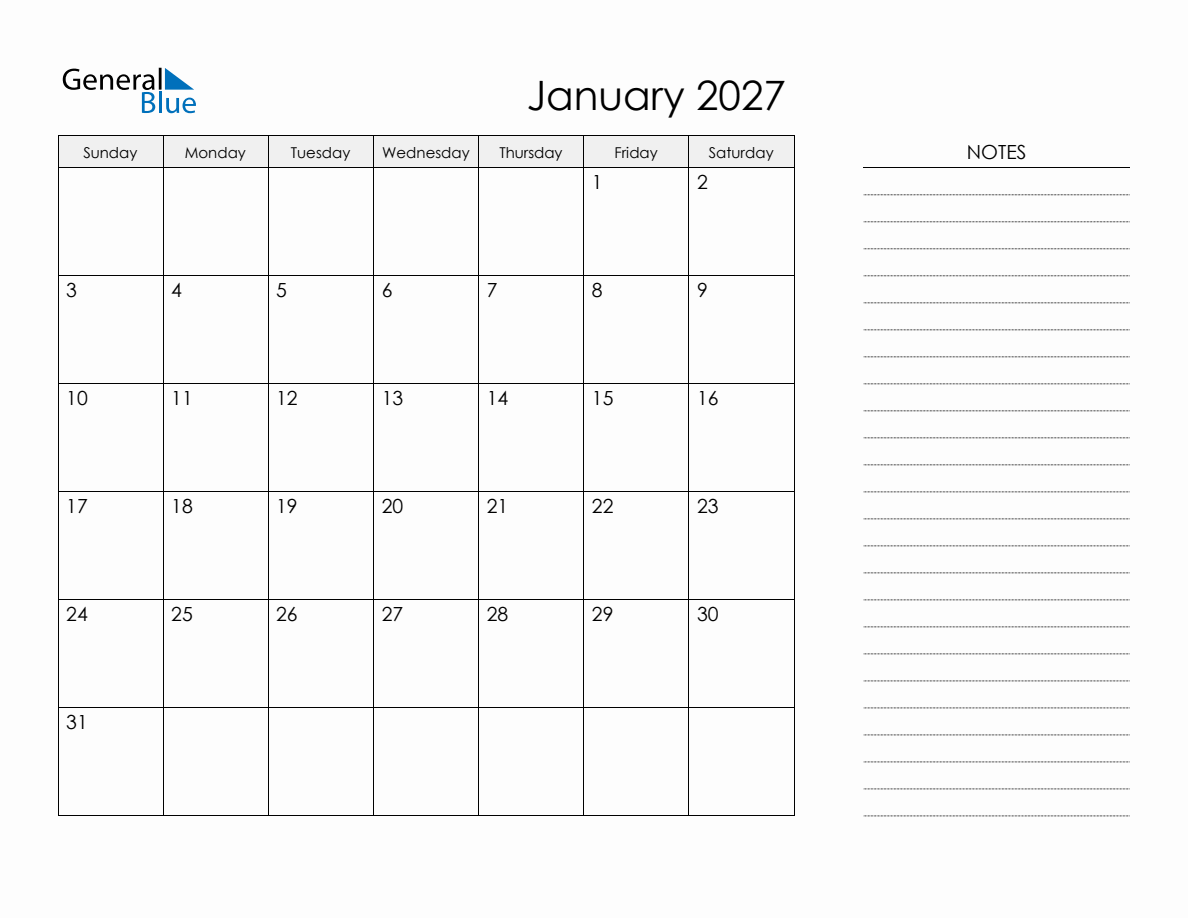 Jan Note Printable Monthly Calendar with Notes - January 2027