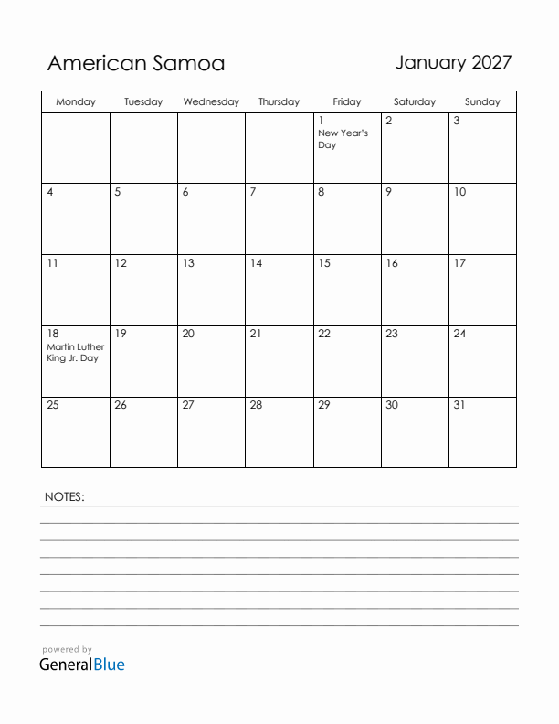 January 2027 American Samoa Calendar with Holidays (Monday Start)