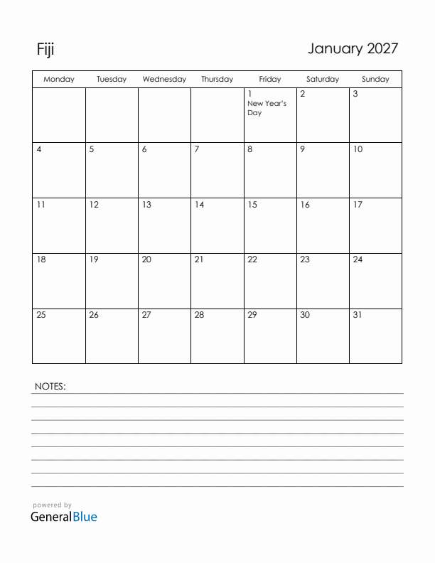 January 2027 Fiji Calendar with Holidays (Monday Start)