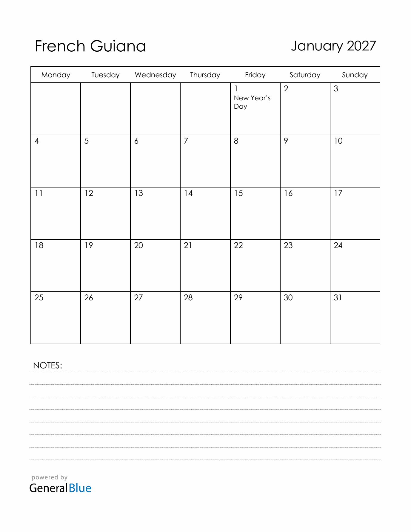January 2027 French Guiana Calendar with Holidays (Monday Start)