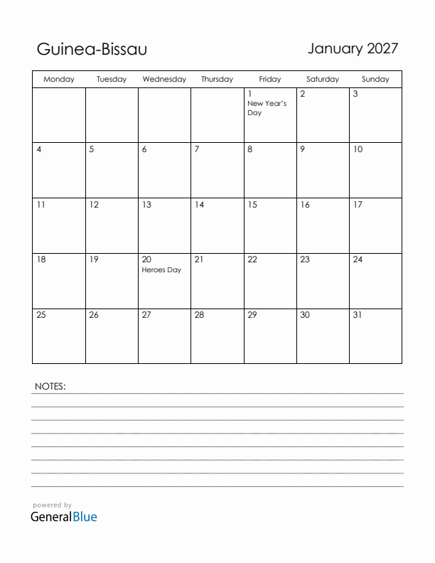 January 2027 Guinea-Bissau Calendar with Holidays (Monday Start)