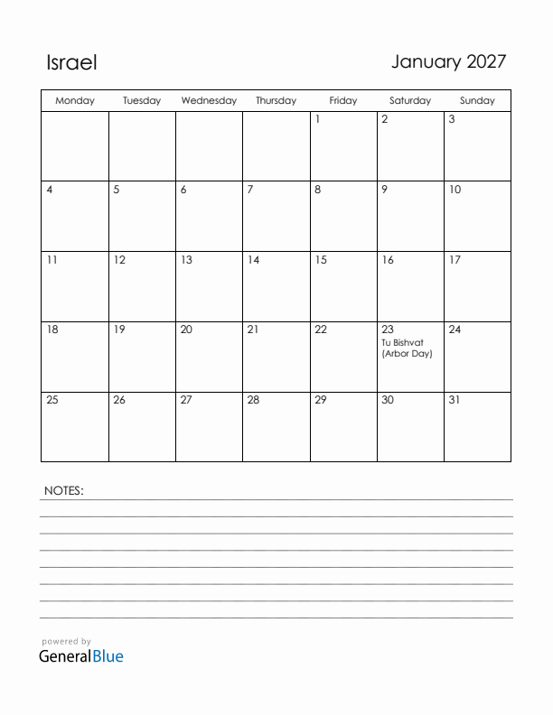 January 2027 Israel Calendar with Holidays (Monday Start)