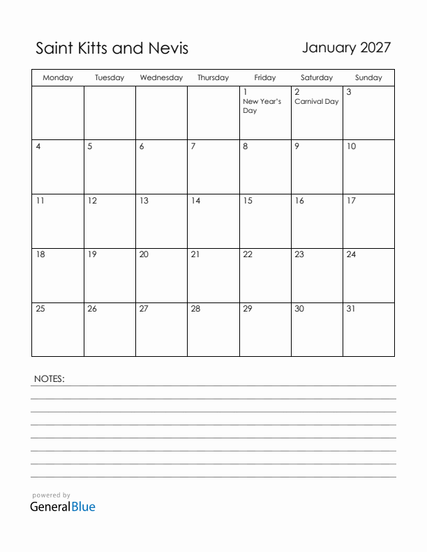 January 2027 Saint Kitts and Nevis Calendar with Holidays (Monday Start)
