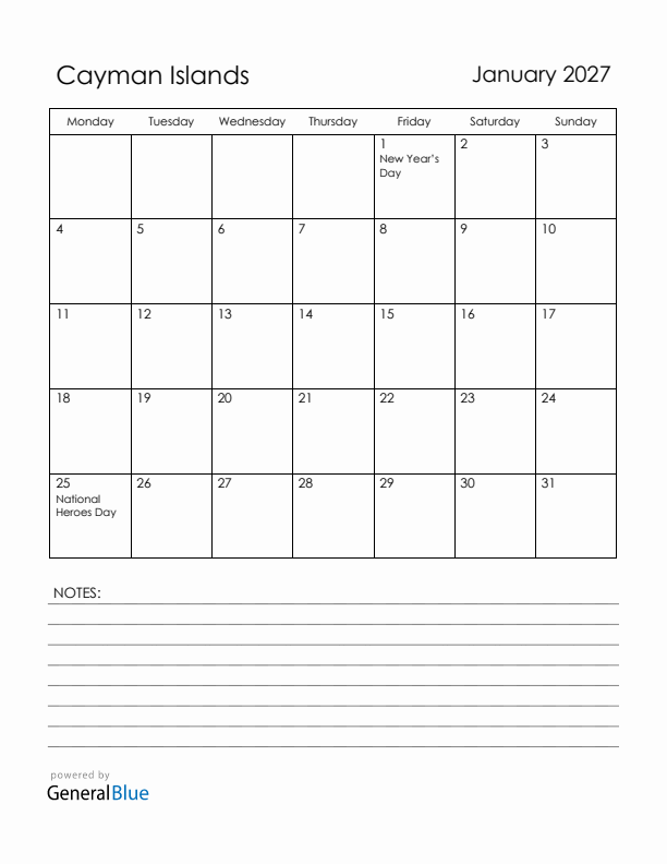 January 2027 Cayman Islands Calendar with Holidays (Monday Start)