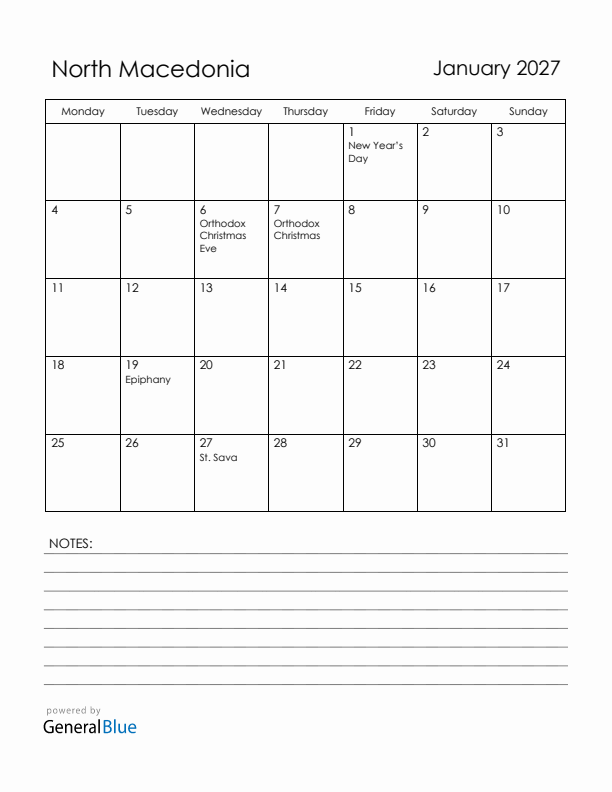 January 2027 North Macedonia Calendar with Holidays (Monday Start)