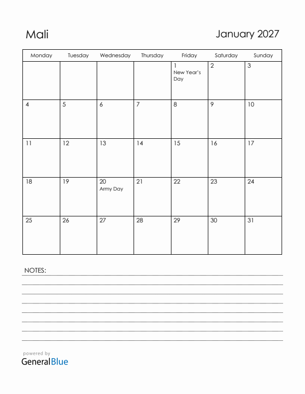 January 2027 Mali Calendar with Holidays (Monday Start)