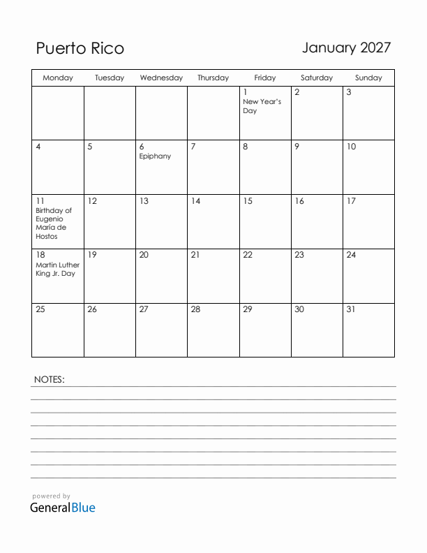January 2027 Puerto Rico Calendar with Holidays (Monday Start)
