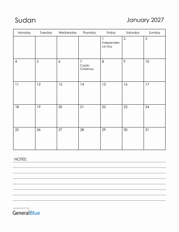 January 2027 Sudan Calendar with Holidays (Monday Start)