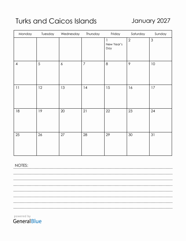 January 2027 Turks and Caicos Islands Calendar with Holidays (Monday Start)