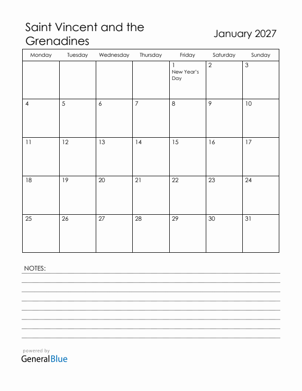 January 2027 Saint Vincent and the Grenadines Calendar with Holidays (Monday Start)