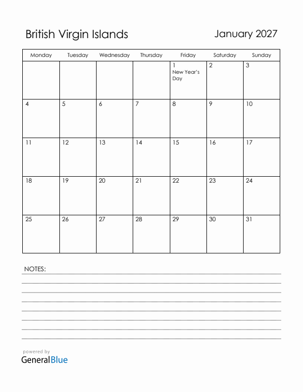 January 2027 British Virgin Islands Calendar with Holidays (Monday Start)