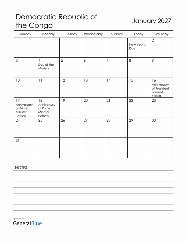 January 2027 Democratic Republic of the Congo Calendar with Holidays (Sunday Start)