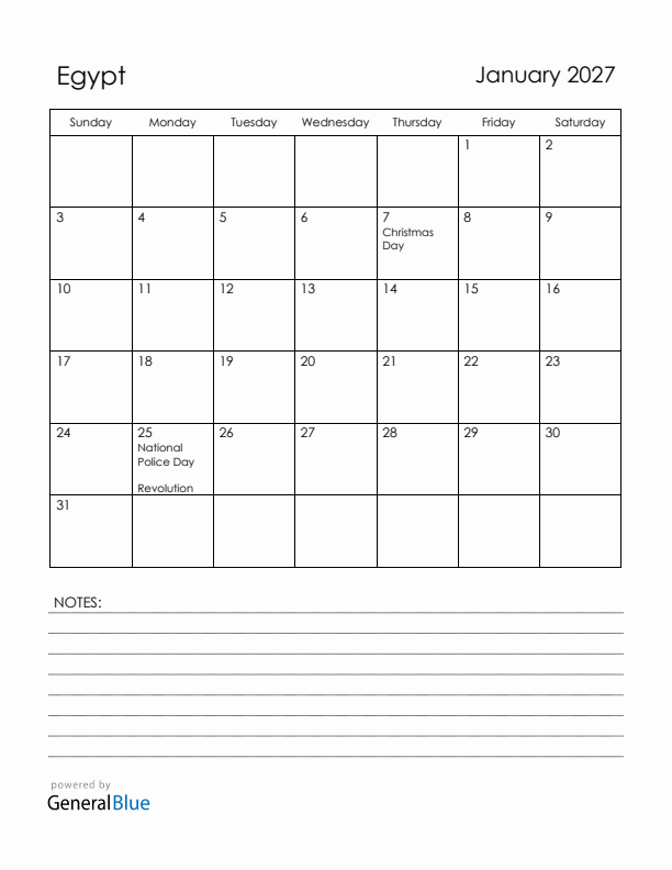 January 2027 Egypt Calendar with Holidays (Sunday Start)